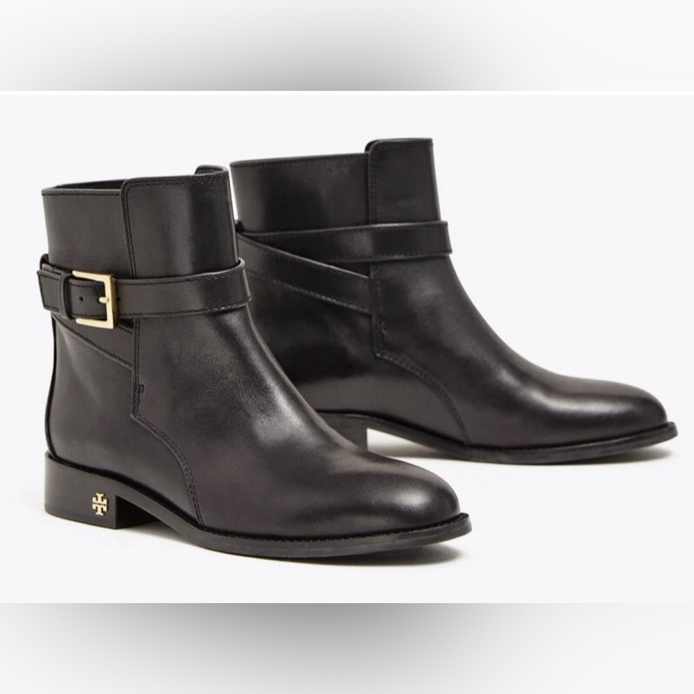 Tory Burch Black Leather Ankle Booties with Gold Buckle